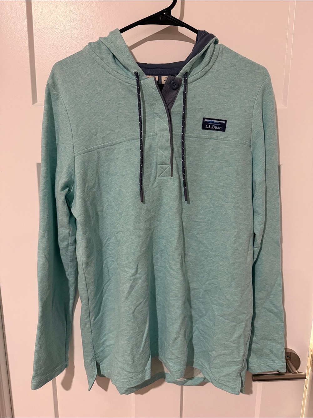 L.L. Bean Seafoam Green Hooded Pullover with Navy Trim